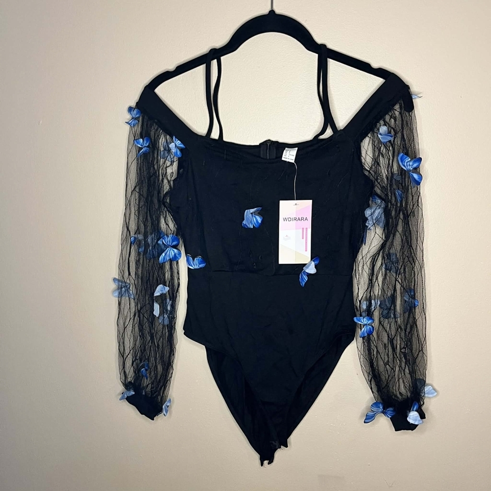 Wdirara Blue Butterfly Black Mesh Size Small Bodysuit